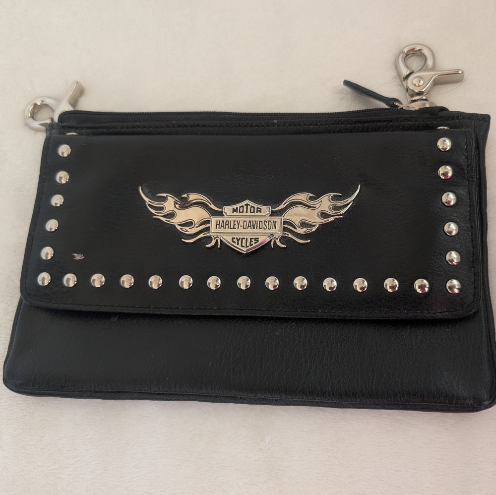 Harley-Davidson Black Leather Studded Side Hip Purse with Metal Emblem